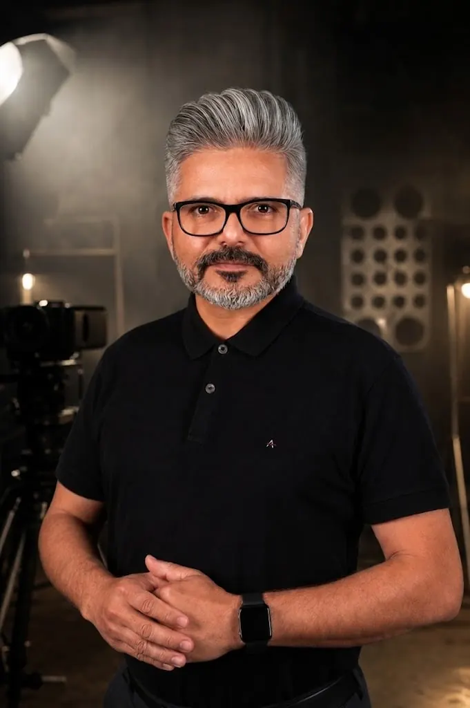 Retrato de Wesley Meoli, fundador da MEOLI.TV, em um estúdio com luz dramática